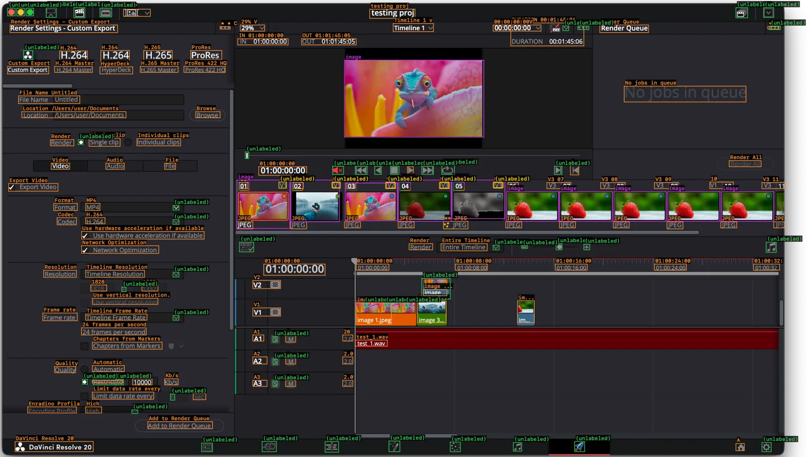 DaVinci Resolve’s Deliver page with every element Mecum read outlined: labelled text and controls, unlabelled icons and images.